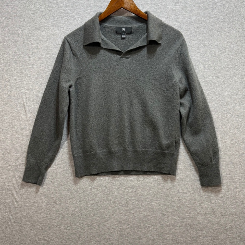Banana Republic Sweater Mens L Grey Merino Wool Polo V-Neck Pullover Preppy